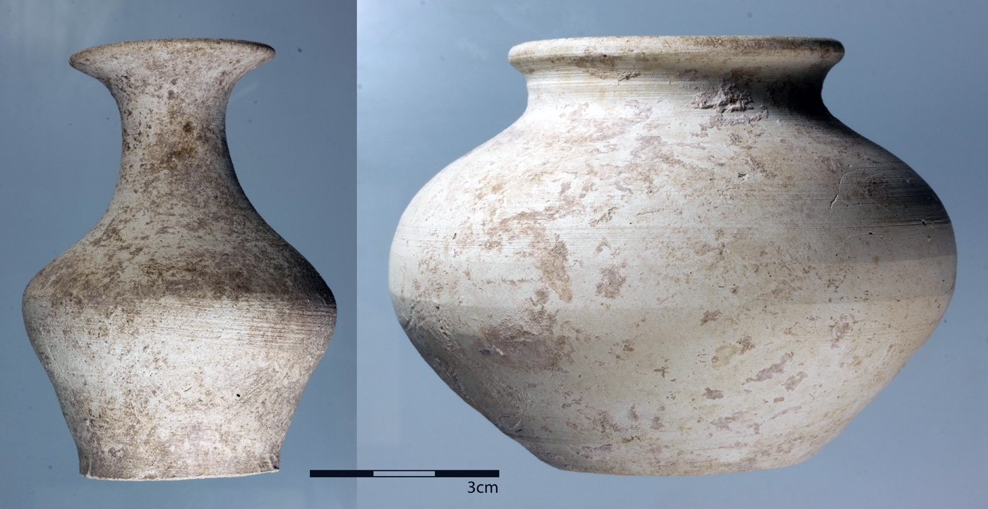 Two ceramic vessels dating to the late Middle Bronze Age, recovered from grave MDB14 in Unit L.