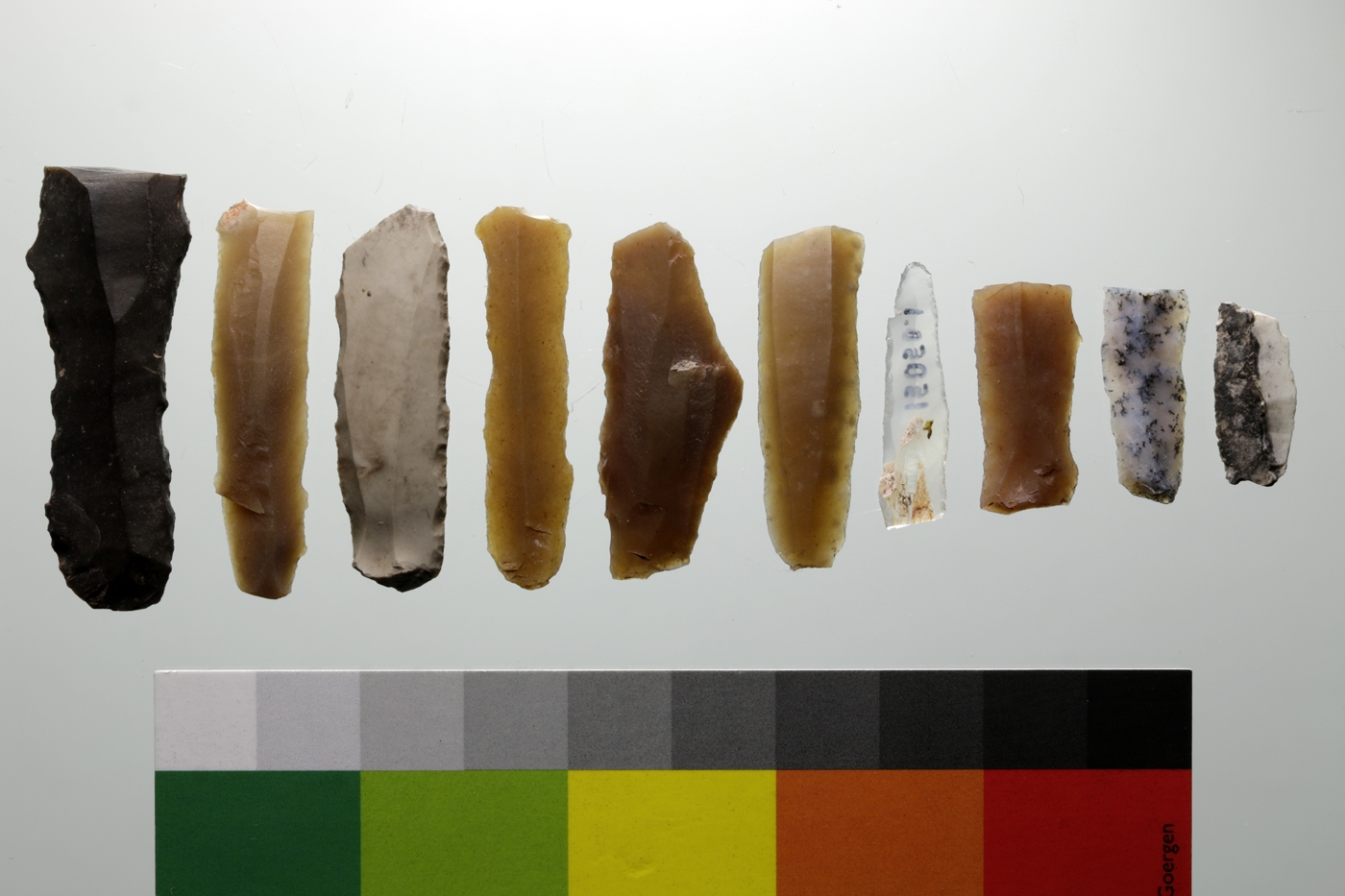 A variety of blades made on different raw materials. Some have heavily retouched edges, others have minimal or no evidence of retouch.