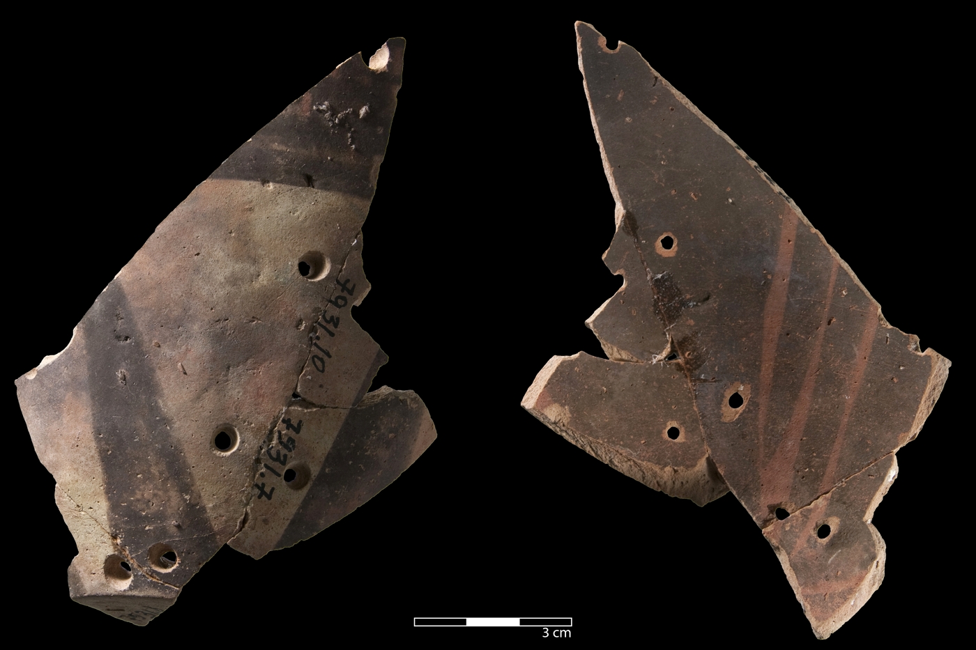 Meana Polytone sherd with multiple repair holes which have been drilled from the exterior (left) to the interior (right).