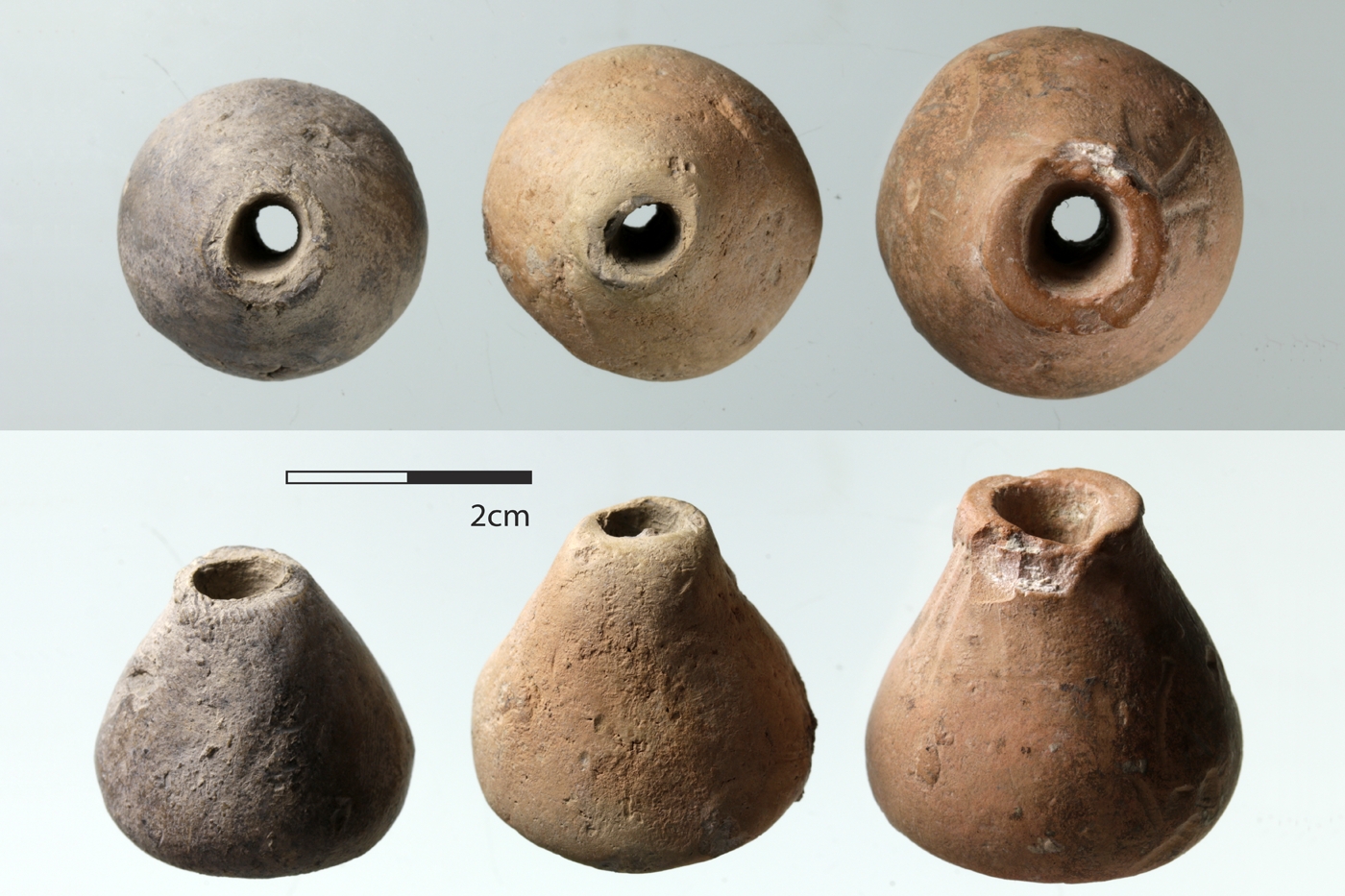 Conical spindle whorls showing variations in size and color