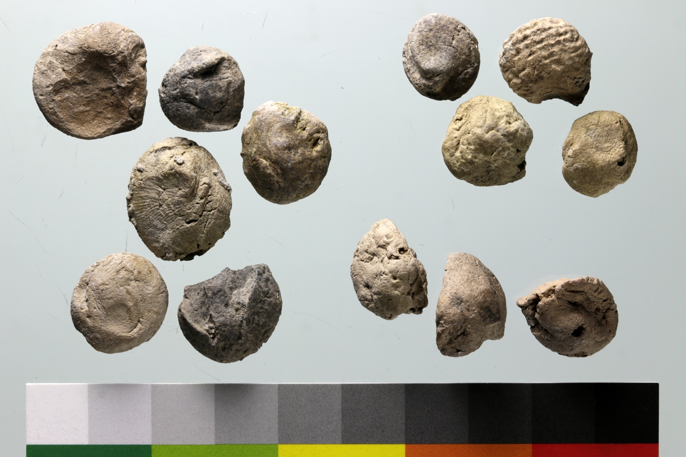 Disc-shaped tokens (left and upper right) as well as squat forms (lower right), all from the Eastern Midden. Note the textile imprint on one of the disc-shaped tokens in the group on the upper right. 