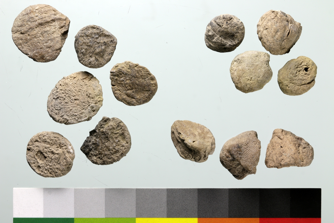 View from below of disc-shaped tokens (left and upper right) as well as squat forms (lower right), all from the Eastern Midden.